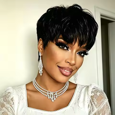 Straight Human Hair Pixie Cut Wig For Women Full Machine Made Human Hair Wig 150% Density 6Inch