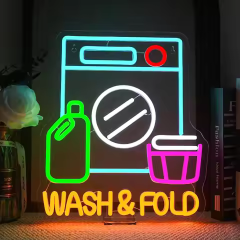 Wash Dry Fold Neon Sign LED Lights for Laundry Room Laundromat Wash Room Decor Wall Hanging Decorati