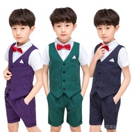 4PCs kids boys summer suit dress shirt shorts set green purple blue birthday party formal suits gent
