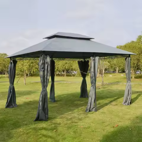 10' x 13' Patio Gazebo, Outdoor Gazebo Canopy Shelter with Curtains, Vented Roof, Steel Frame