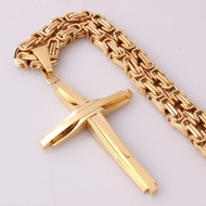 Gold Tone Stainless Steel Cross Pendant Necklace with Byzantine Chain for Men Women