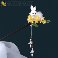 CORDELL Wooden Hair Stick, Flower Hair Ball Hanfu Hairpin, Antique Hair Chopstick Tassel Rabbit Hanfu Accessories