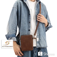 SUNWISH No.M411 Luxury Real Crazy Horse Cow Leather Slim Men Sling Bag Mobile Phone Bag