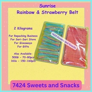 ℩ ➞ ℥ Sunrise Karate Sour Belts Rainbow and Strawberry (500g, 1Kilo and 2Kilos) Candy Belt