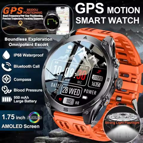 2025New GPS Sports Smart Watch AMOLED Flashlight 950Mah Battery IP68 Waterproof Fitness Trackr BT Ca