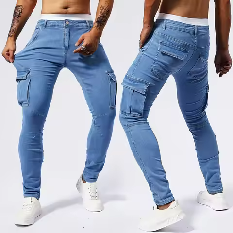 2025 New Men Casual Slim Denim Trousers Fashion Y2k Joggers Baggy Man Pants Street Elastic Denim Jea