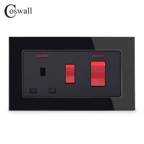 COSWALL 45A DP Wall Cooker Switch + 13A BS UK Standard Switched Socket With Neon 3x6 Size Crystal Te