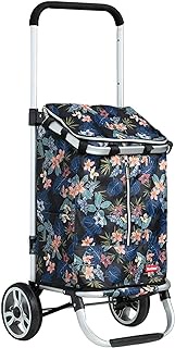 Shopping Cart Folding Shopping Cart with 2 Wheels Telescopic Shopping Trolley for Shopping Luggage Tools Office Grocery Cart (Dark Blue Flowers) vision