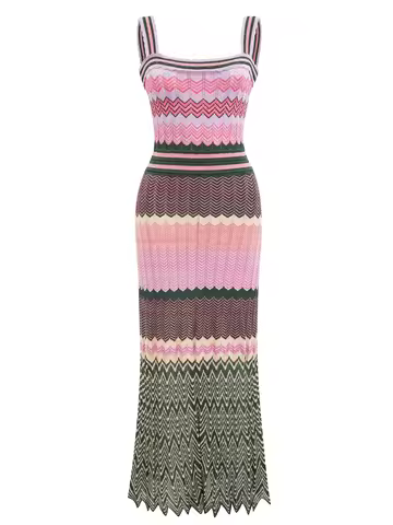 SD Style Paris Brand Design Zigzag Knit Straps Pink Green Long Maxi Dress For Woman Party Club Slim