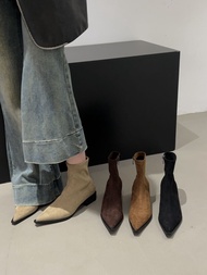 French Vintage Velvet Pointed Toe Chunky Heel รองเท้าบูทสั้น ผู้หญิง สีกากี ด้านข้าง ซิป Boot ยืดได้