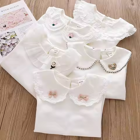Girls' Lace Peter Pan Collar Blouse – White Long Sleeve Top for Babies & Toddlers, Classic Dressy Sh