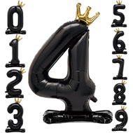 42 Inch Crown Black Number Balloon 0-9, Number 4 Balloon with Base for Boys Girls 4th Birthday Party