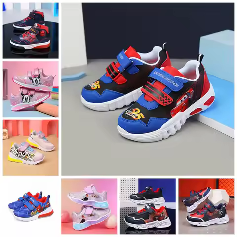 Disney Cartoon Lightning McQueen Cars Minnie Elsa Children Casual LED Light Shoes Spring Baby Boy Gi