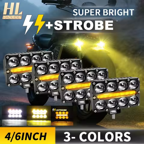 HAOLIDE Led Motorcycle Work Light 8/10 Lens 3500k Amber DRL Strobe Flashing Warning Light Projector 