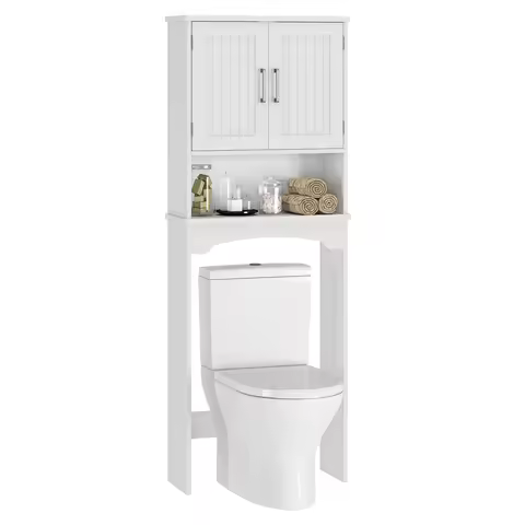 Over The Toilet Storage Cabinet with Double Doors and Anti-Tip Device, Above Toilet Bathroom Organiz