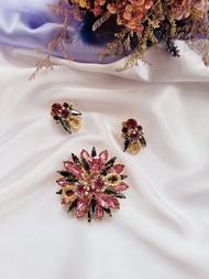 美國西洋古董飾品 / D&E Juliana 黑瑪瑙桃紅北極光鑽/胸針耳環