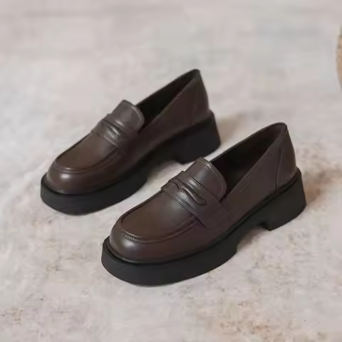 Women Black/Reddish Brown Platform Loafers Round Toe Chunky Sole Slip On Penny Loafers Comfortable C