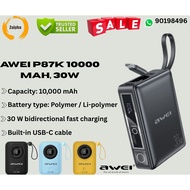Awei P87K 10000mAh 30W PowerBank Built-In Cable Power Bank Mini Powerbank Portable