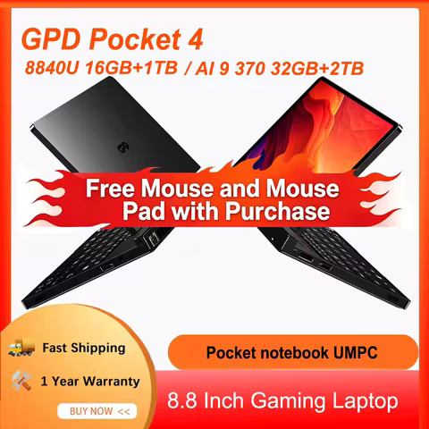GPD Pocket 4 Mini Laptop 8.8'' Touch Screen AMD Ryzen AI 9 HX 370 64GB LPDDR5X 2TB NVMe SSD 180° Fli