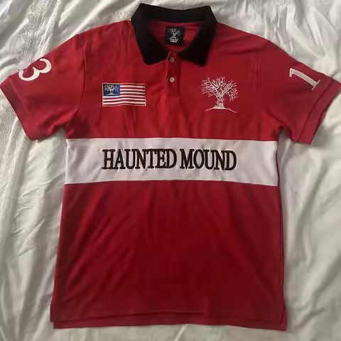 Haunted Mound Embroidered Red Polo Shirt Y2K Tshirt HipHop Retro Pumpkin Head Letter Embroidered Ove