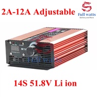 อุปกรณ์ชาร์จอัจฉริยะสเก็ตบอร์ดกลางแจ้งแบตเตอรี่โทรศัพท์14S 51.8V Li สามารถปรับได้6a 8a 9a 10a 12a สามารถปรับกระแสไฟได้สำหรับแบตเตอรี่120ah 20ah 58.8V