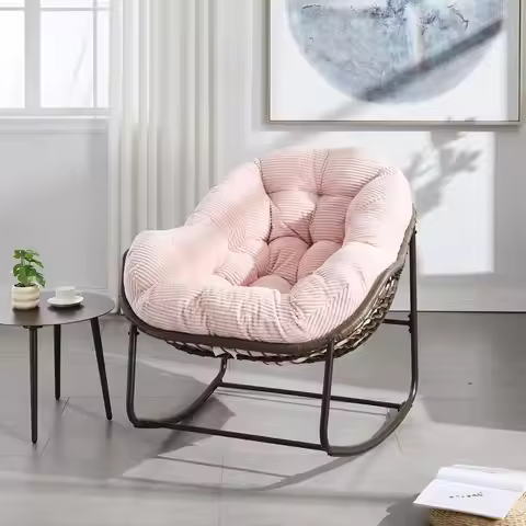 Hand-Woven Rattan Rocking Chair with Padded Cushion, Ergonomic Design, Steel Frame, 43.7 D x 37.2 W 