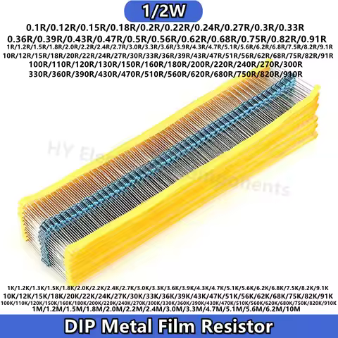 50PCS 1/2W 0.5W 1% 1K 1 M 68R 75 82 91R 100 120 150R 680 200 220 240 270R 300 330R 470 Ω OHM DIP Met