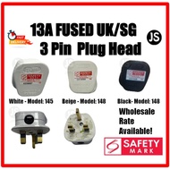 SUM Standard UK/SG Fused 13A Socket White/Black Plug Head with Safety Mark