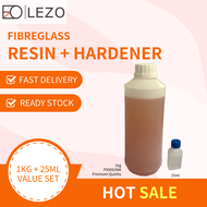 LEZO FIBREGLASS FRP DIY KIT SET FIBERGLASS REPAIR KIT (1kg RESIN 500g FIBREGLASS MAT 25ml HARDENER) 