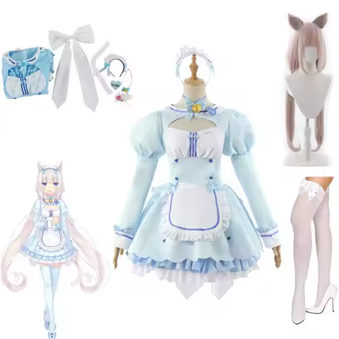 Anime Nekopara Vanilla Cosplay Wig Costume Maid Lolita Dress Blue Halloween Party Show Role Play Out