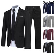 [SEA] 1 Set Men Jacket Pants Solid Color Turndown Collar Slim Fit Business Suit Set Plus Size Groom Blazer Trousers for Wedding Office