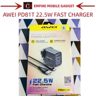AWEI PD81T-UK 22.5W DUAL OUTPUT PD+USB FAST CHARGING POWER ADAPTER WITH USB TO TYPE-C CABLE