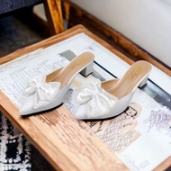 Giày sục cao gót vuông 5p bít mũi da mềm kết nơ đính hạt châu bi  BM39