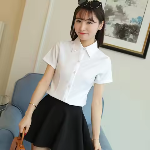 Korean Fashion White Shirt Women Autumn Short Sleeve Blouse Slim Office Lady Tops Women's Shirt S-5X