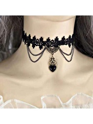 1入組哥特式黑色蕾絲頸鍊首飾，帶黑色心形吊墜，性感女士吸引力項鍊，適合珠寶禮品派對配飾