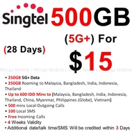Singtel Prepaid $15 | 500GB 5G+ | 250GB Roaming | 600 IDD | Data | Ultimate Plan | 28 Days | Singtel