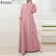 HijabFab ZANZEA Muslimah Women Muslim Dress Single Breasted A-Line Sundress Elegant V-Neck Long Dres