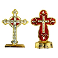 Gold & Red Cross Figurine * Christian Ornament * Rhinestone Religious Decor * Altar Table Car Gift *