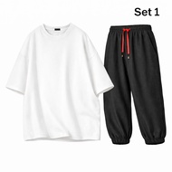 SRUT【4-8XL】Oversized Set of Loose Breathable Pure Cotton T-shirt+ankle Pants for Daily Casual Wear