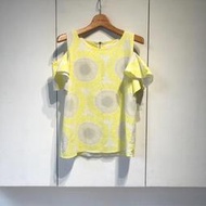 【米倉】二手正韓女裝 Moolbyoungzari黃色印花露肩短袖T恤 挖肩休閒T恤   上班族OL白領 雪紡上衣