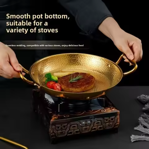 Stainless Steel Seafood Paella Pan Hammered Sukiyaki‌ Kitchen Cooking Pan Budae Jjigae‌ Double Handl