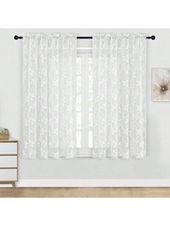 兩層白色編織花朵聚酯紗窗簾，附雙桿，適用於室內