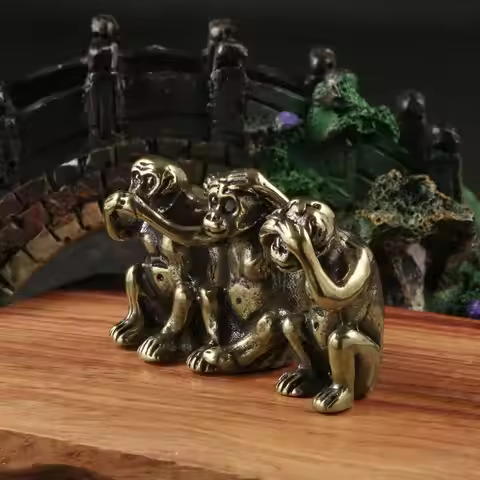 Mini Cute Retro Brass 3-Monkeys No Speak Listen Look Statue Animal Sculpture Home Office Desk Decora