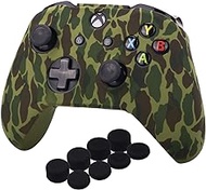 YoRHa Water Transfer Printing Camouflage Silicone Cover Skin Case for Microsoft Xbox One X &amp; Xbox One S Controller x 1(Forest) with PRO Thumb Grips x 8