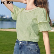 VONDA เสื้อยืดคอกลมลำลองแขนระบายทรงหลวมของผู้หญิงเสื้อตัวบน (ลำลองเกาหลี)