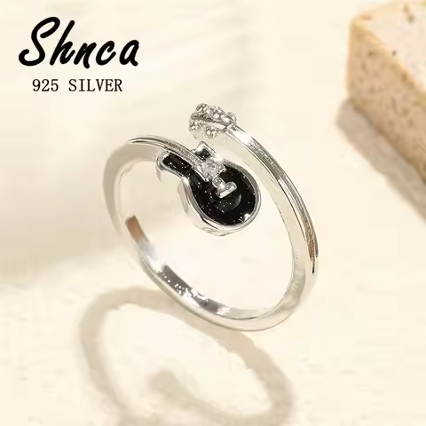 Punk Rock 925 Sterling Silver Black Guitar Note Zircon Open Rings For Women Girl Gift Anti-Allergy L