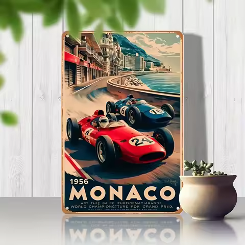 Vintage 1956 Monaco Race Car Metal Tin Sign - Retro Wall Art, High-Quality Iron Craftsmanship, Pre-D