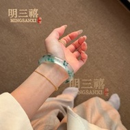 高冰飄花手鐲 獨龍玉手鐲 翡翠色冰種陽綠玉手鐲 綠色玉手鐲 石英岩玉