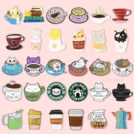 Creative Animal Cat Coffee Enamel Pins Coffee Pot Cup Alloy Brooch Badges Lapel Brooches Cafe Jewelry Gift for Fans Friends