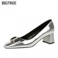 [5cm]BIGTREE Women's Chunky High Heels5288-K91OL Medium Heel Square Toe Metal Buckle Women's Shoes